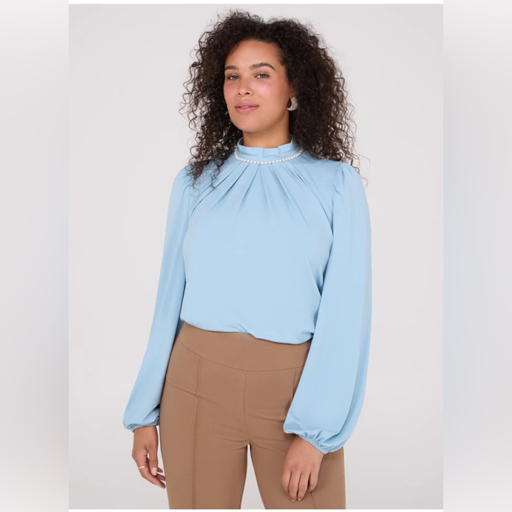 Textured Mock Neck Top With Pearl Details